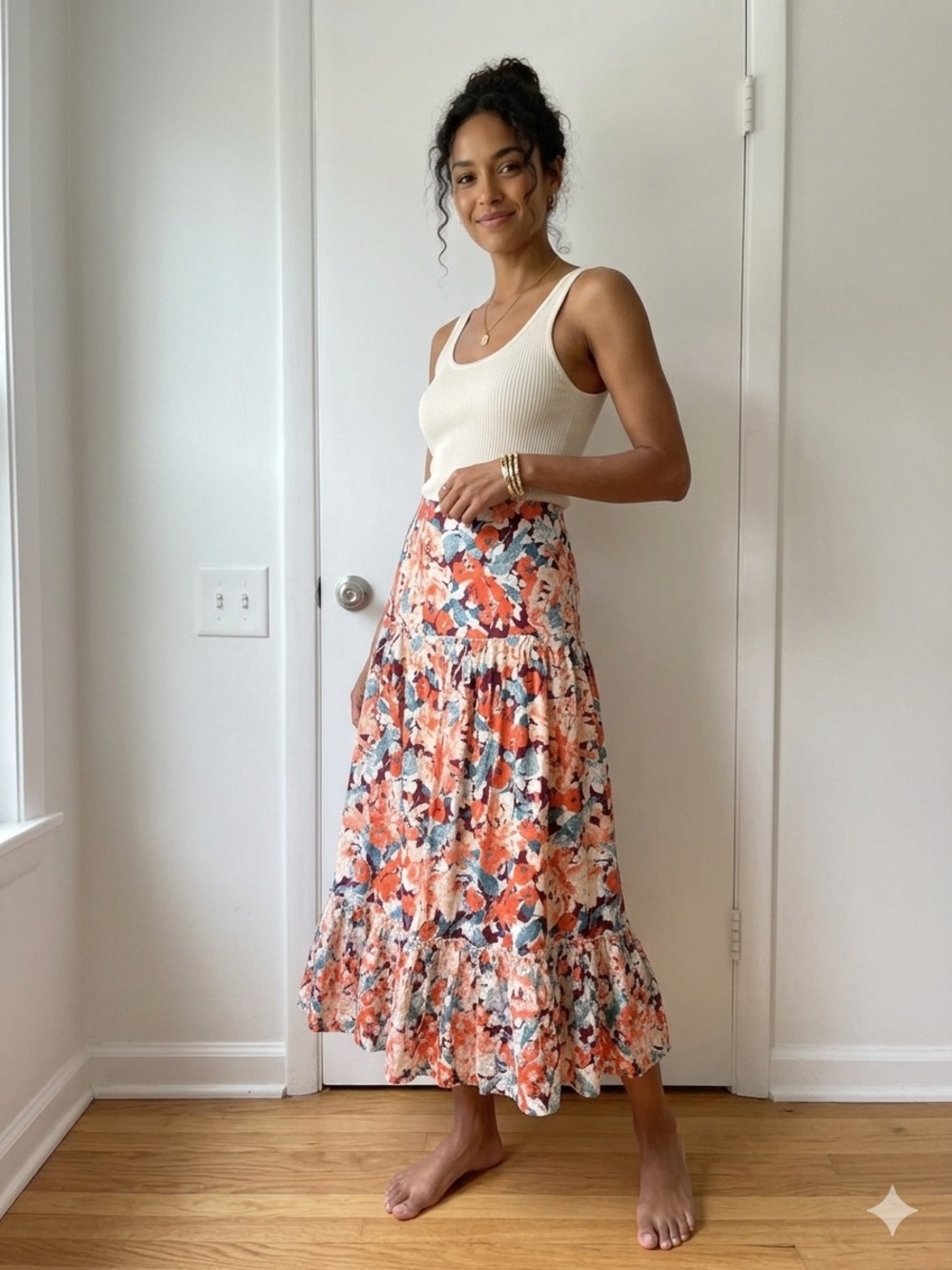 Luna Moon NWT A Line Maxi Bohemian Floral Multicolor Skirt Eyelet Trim Size M